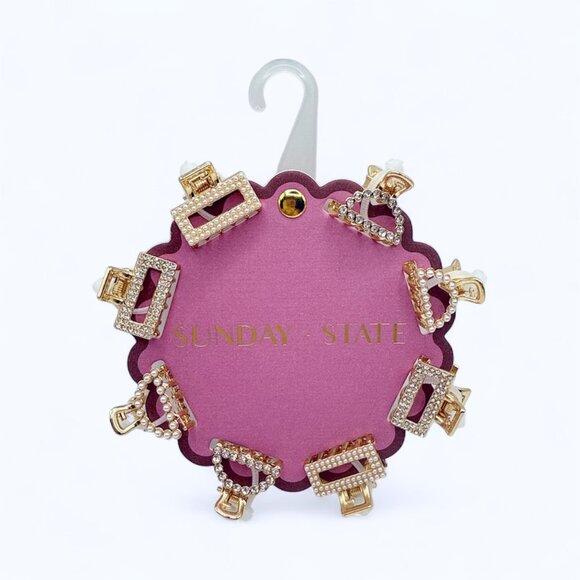 NEW Sunday State - Pearl & Rhinestone Embellished Mini Claw Clips - Gold/White - Picture 2 of 4